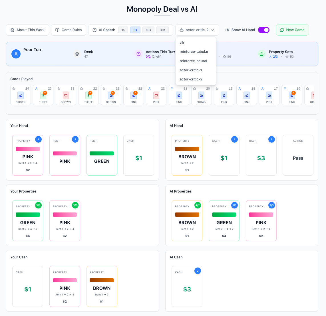 Screenshot of the Monopoly Deal AI web application